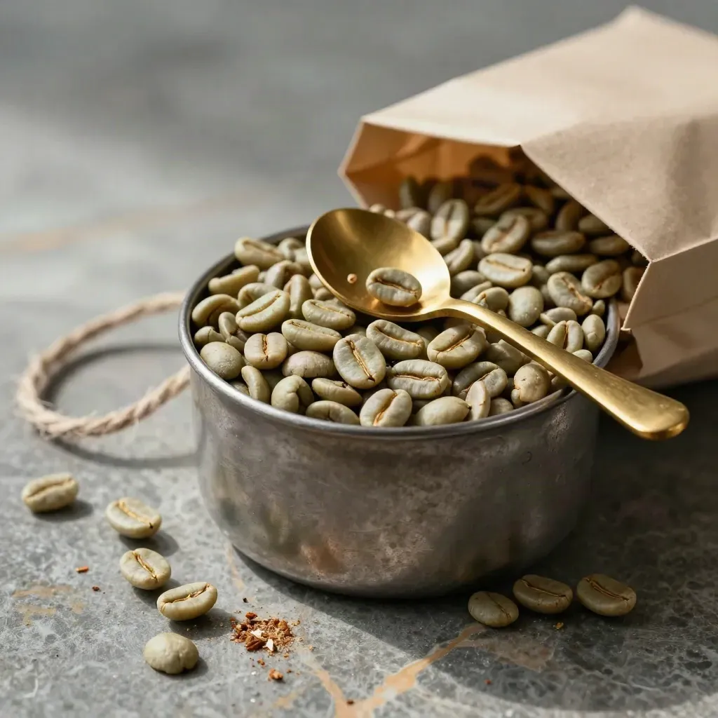 Groene koffiebonen in een metalen cup met messing lepel, jute koord en papieren zak op steen.
