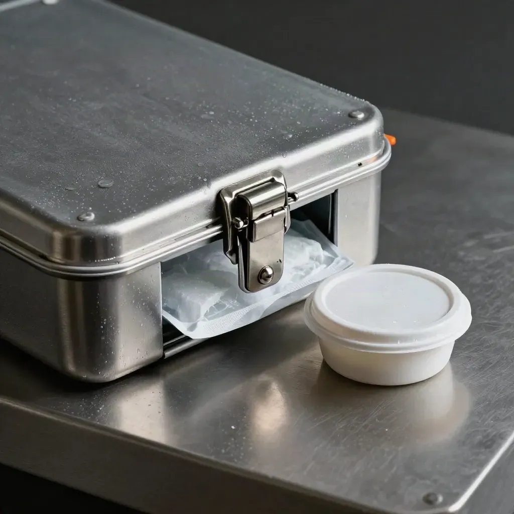 Geïsoleerde vrachtliner met latch, koelpack en dop op geborsteld metaal.