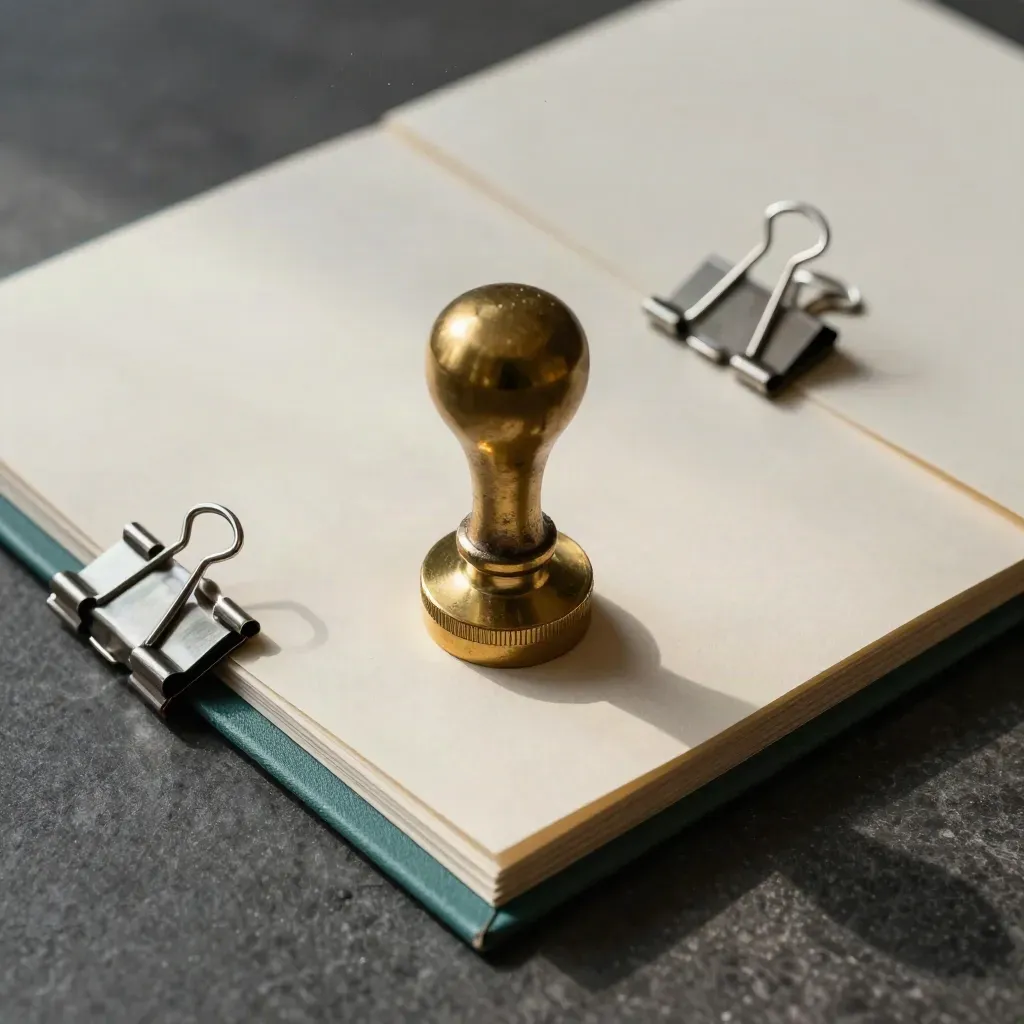 Brass stempelzegel, dossiers en metalen klemmen op een donkere stenen ondergrond