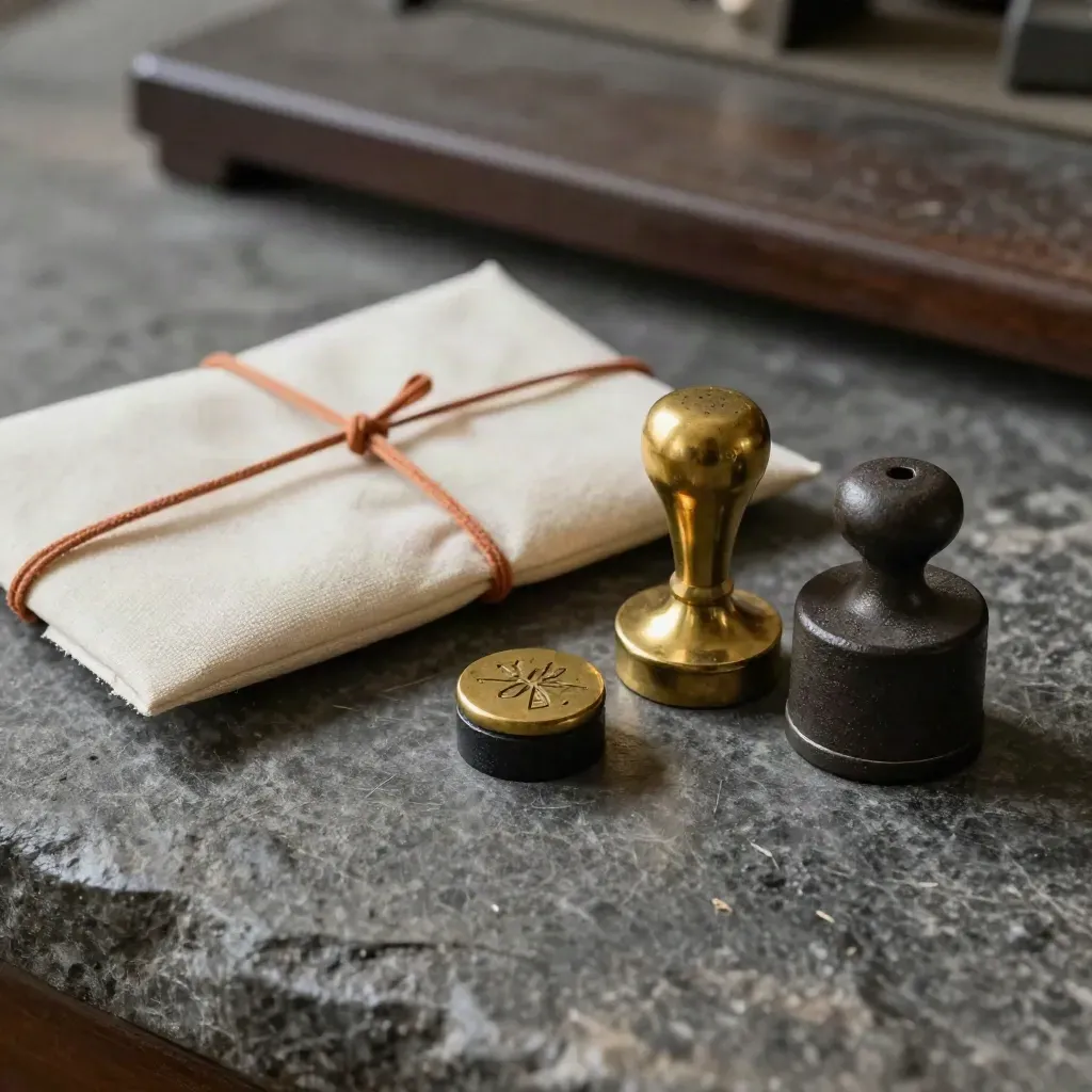 Messing douanestempel, twee balansgewichten en verzegelde factuurpouch op donkere steen.