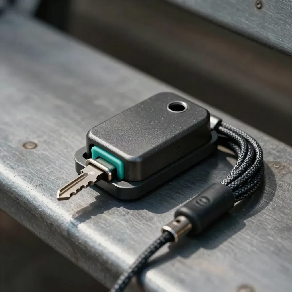 Cargo tracker puck in magnetische dock met gevlochten kabel op matte metalen ondergrond.