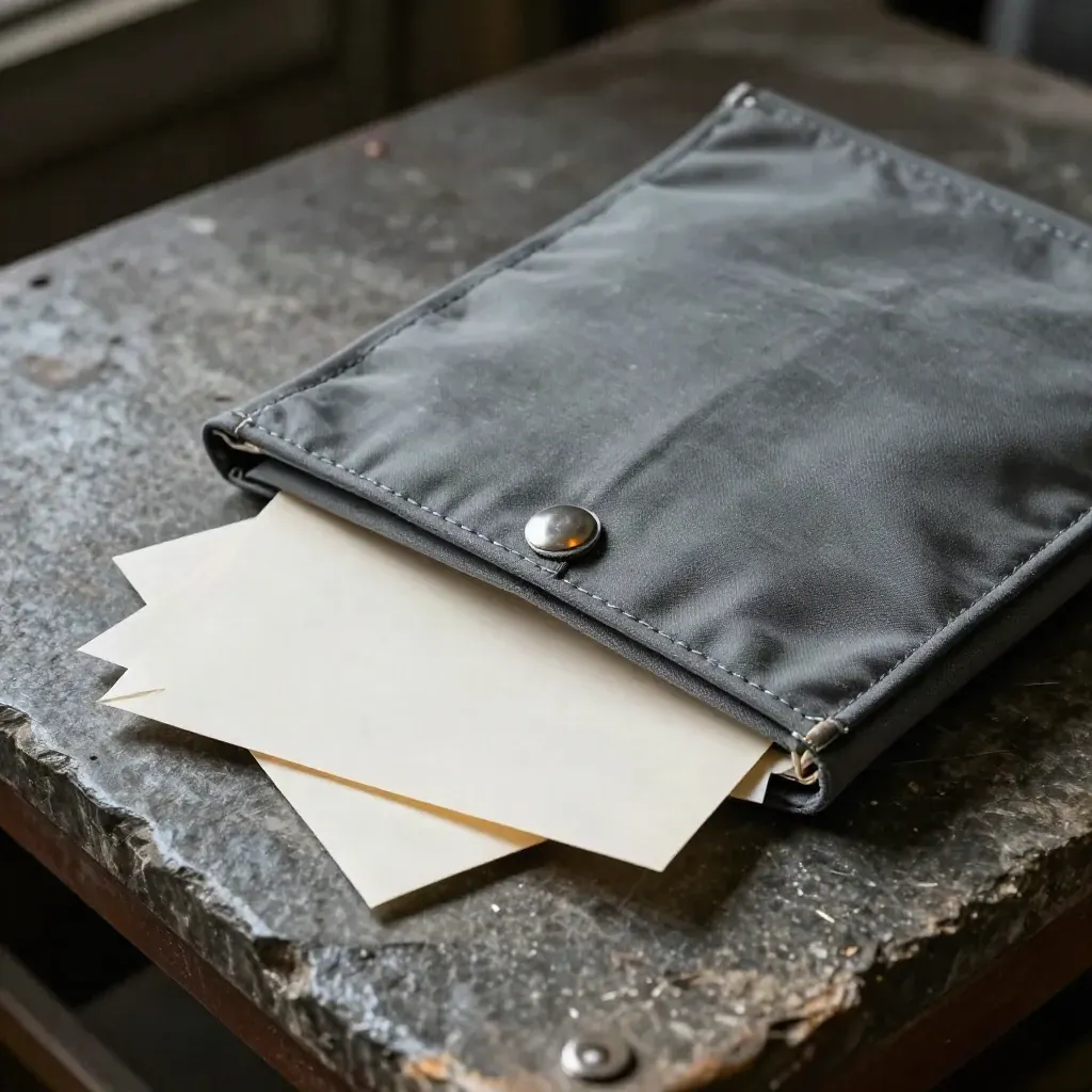 Exportpouch, documenthoezen en bagageseal op steen, gefotografeerd door een crate-slat.