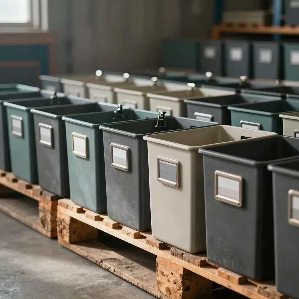 Laag zicht door een pallet op rijen archiefbakken, clips en zegels in een magazijnaisle.
