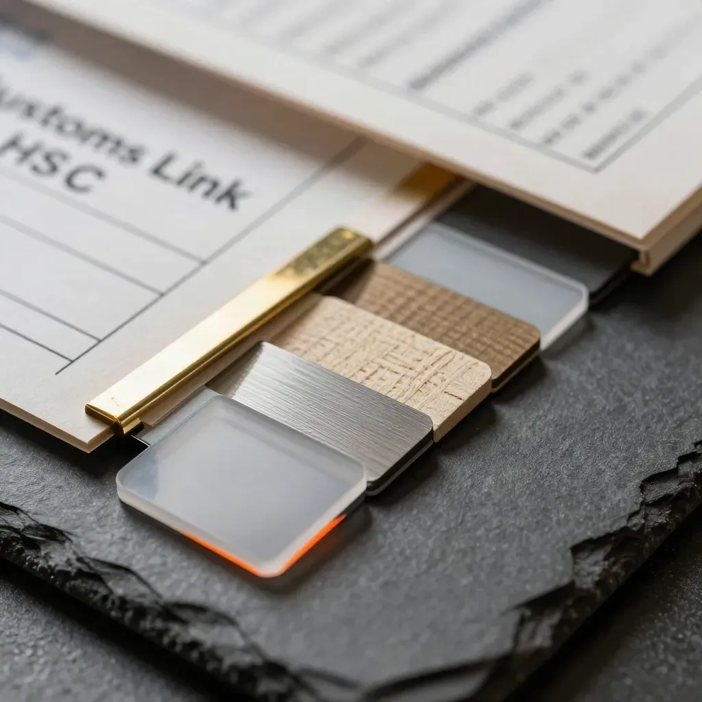 Macro van materiaalstaaltjes, documenthoezen zonder labels en een messing rail op matte leisteen.