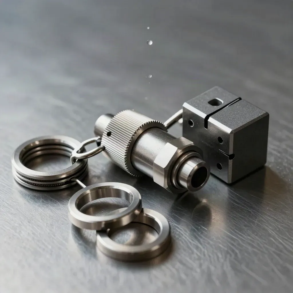 Machinaal metalen ringen, koppeling en blokken op geborsteld staal in dramatisch licht.