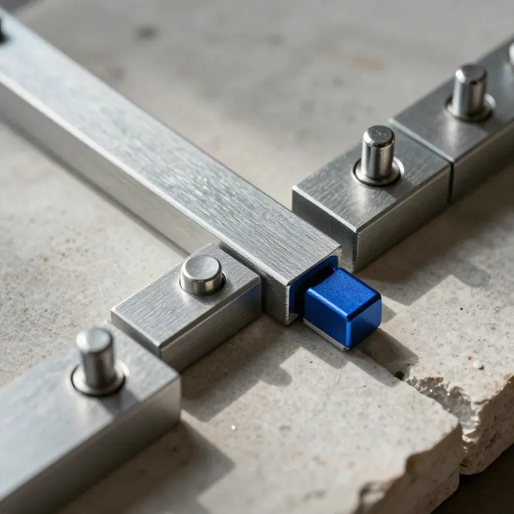 Bovenaanzicht macro van aluminium blokken en een klem op licht steen met diepblauw accent.